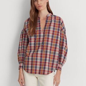 Lauren Ralph Lauren Plaid Print 3/4 Blouson Sleeve Cotton Madras Tie Neck XL